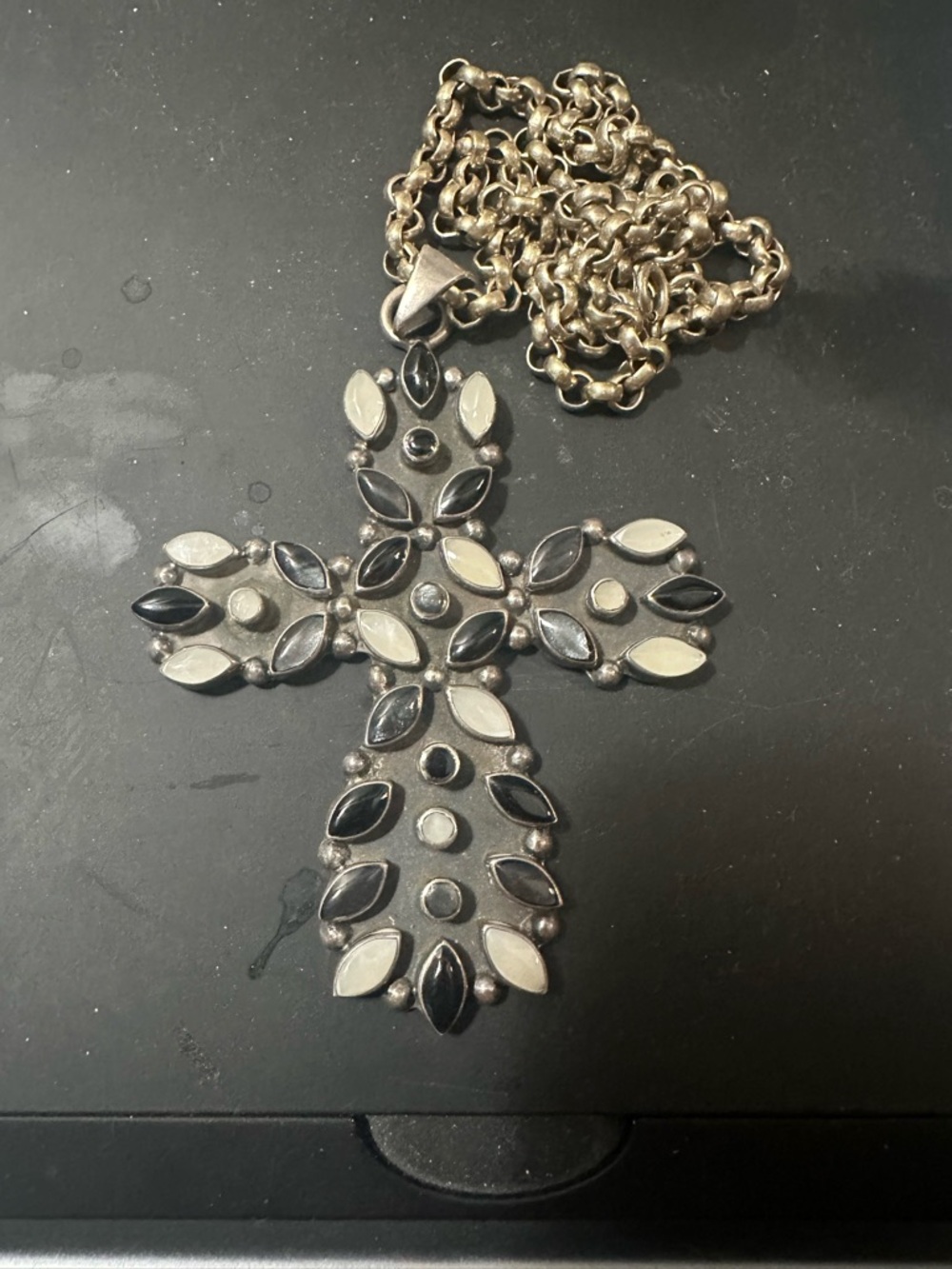 Taxco Onyx & moonstone silver cross on thick sterling silver chain 64 grams